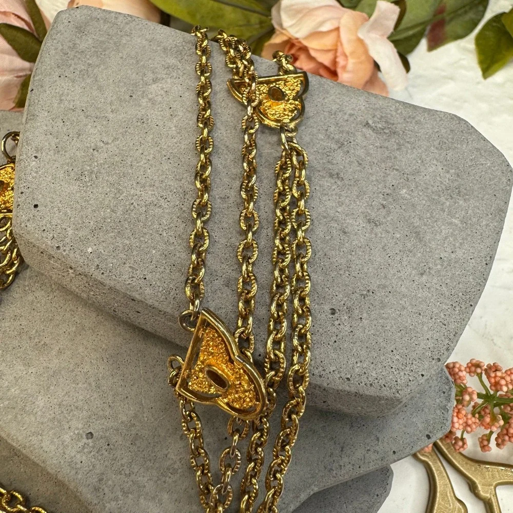 Vintage Gold Tone Multi Strand Chain Belt Long Wrap Necklace Textured Heart 48